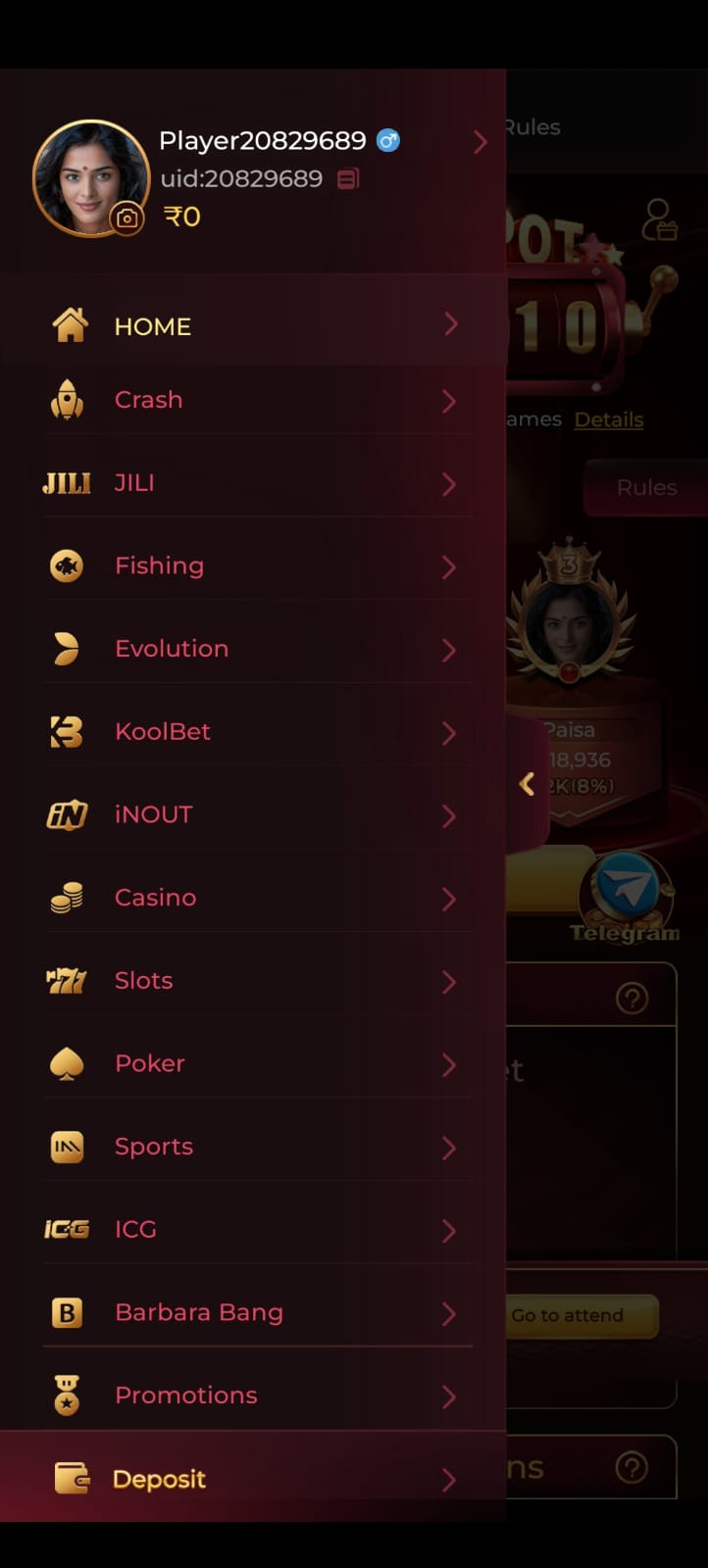 IC7 Game mobile interface with gaming menu and deposit option