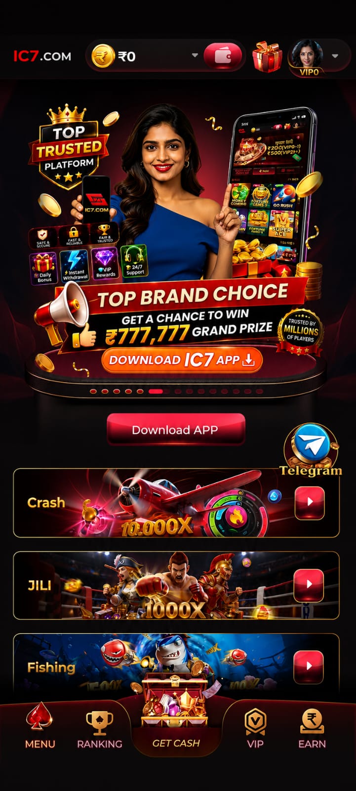 IC7 Game mobile platform with download app button and game categories